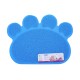 Blaue, pfotenförmige Haustiermatte mit strukturierter Oberfläche, mit einem Etikett mit Produktdetails und Bildern von Hunden und Katzen.