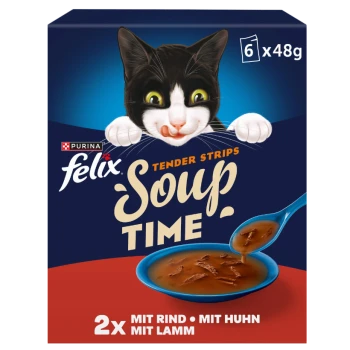 Felix 'Soup Time' Katzenfutterbox mit schwarz-weißem Kater, der sich die Lippen leckt, Schüssel mit Suppe; 'Tender Strips', '6x48g', '2x'.