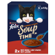Felix 'Soup Time' Katzenfutterbox mit schwarz-weißem Kater, der sich die Lippen leckt, Schüssel mit Suppe; 'Tender Strips', '6x48g', '2x'.