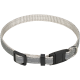 Graues Haustierhalsband mit reflektierenden Nähten, mit einer Kunststoffschnalle und einem Metall-D-Ring zur Leinenbefestigung.