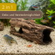 Aquarium-Rindenstamm-Versteck mit blauem Flusskrebs, rot-weißen Garnelen und Fischen. Text: '2 in 1 Deko und Versteckmöglichkeit'.