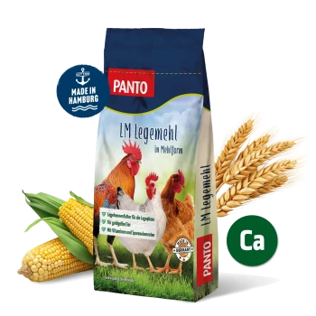 Eine Tüte PANTO LM Hühnerfutter mit drei bunten Hühnern auf Gras. Text: "Legehennenfutter für die Legephase," "Für goldgelbe Eier."