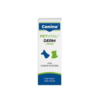 Canina PETVITAL DERM Liquid-Box mit blauen Hunde- und grünen Katzen-Symbolen; Aufschrift 'FÜR HUNDE & KATZEN' und 'FÜR HAUT UND HAAR'.