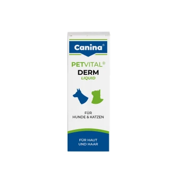 Canina PETVITAL DERM Liquid-Box mit blauen Hunde- und grünen Katzen-Symbolen; Aufschrift 'FÜR HUNDE & KATZEN' und 'FÜR HAUT UND HAAR'.
