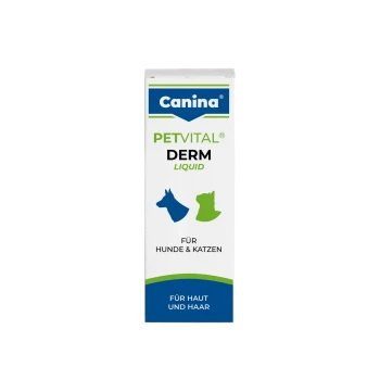 Canina PETVITAL DERM Liquid-Box mit blauen Hunde- und grünen Katzen-Symbolen; Aufschrift 'FÜR HUNDE & KATZEN' und 'FÜR HAUT UND HAAR'.