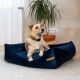 Ein Hund sitzt bequem auf einem plüschigen, marineblauen Haustierbett mit einem Lederetikett, umgeben von einer Pflanze und weichem, natürlichem Licht.