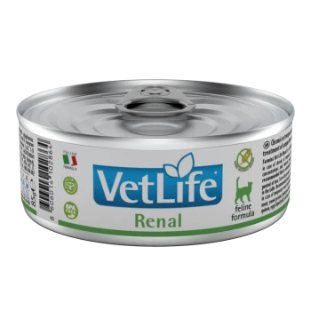 Karma w puszce dla kotów oznaczona "VetLife Renal", z srebrną puszką z otwieraczem, zielonymi akcentami i logo liścia.