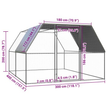 Ein großes Außengehege für Haustiere mit einem spitzen Dach, mit beschrifteten Abmessungen: Höhe 200 cm, Breite 400 cm, Tiefe 300 cm, mit Netzseiten.