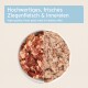 Hochwertiges, frisches Ziegenfleisch und gesundes Innereien, die in zwei Schalen präsentiert werden, mit Text in Deutsch und Englisch.
