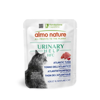 Pochette de nourriture pour chat Almo Nature Urinary Help HFC pour chats adultes et matures, thon de l’Atlantique aux canneberges, avec image de chat.
