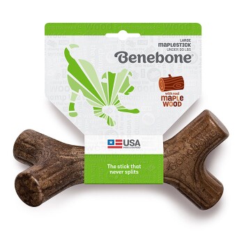 Large Benebone maplestick for dogs under 90 lbs, made with real maple wood. Text reads "The stick that never splits" and "USA made & sourced."