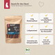 Brauner Beutel von Liebesgut Hundesnack (Bio Rind Kopfhaut) 150 g; Überschrift „Snack für den Hund“ und Merkmalskästen mit Häkchen.