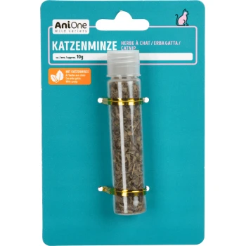 AniOne Katzenminze cataire 10g dans un tube en plastique transparent sur une carte bleu sarcelle avec une icône de chat et un texte multilingue.