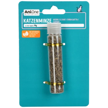 AniOne Katzenminze Katzenminze 10g in transparenter Plastikdose auf türkisfarbener Karte mit Katzen-Symbol und mehrsprachigem Text.