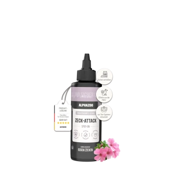 Flasche Alphazoo Zeck-Attack Zeckenschutz Spot-on für Hunde und Katzen mit Lavendel und rosa Blumen.