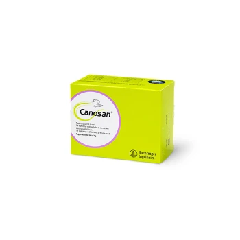 Canosan Hundefutterergänzungsschachtel, leuchtend gelb mit einem lila Kreislogo, gekennzeichnet für gesunde Gelenke und Mobilitätsunterstützung.