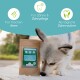 Natürliches Anti-Zahnstein-Pulver für Hunde in einer braunen Papiertüte, beschriftet mit "Zahnpflege Pulver", mit Symbolen für 100% natürlich, mit Algen und 100% vegan.