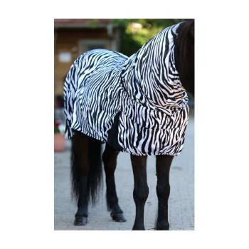 Ein schwarzes Pferd mit einer zebra-musterierten Decke steht auf einem Kopfsteinpflasterweg und zeigt sein glänzendes Fell und das lebendige Design.
