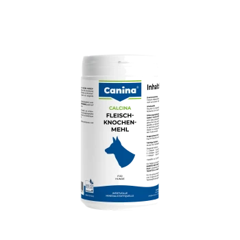 Canina Calcina Fleisch-Knochen-Mehl für Hunde, mit einer blauen Hundesilhouette, Nährwertangaben und Anwendungshinweisen auf einem weißen Behälter.