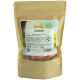 Braune Papiertüte mit getrockneten Erdbeeren mit der Aufschrift "GETZOO ERDBEEREN", mit Zutaten und Fütterungstipps für kleine Haustiere.