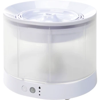 Biała fontanna do wody dla zwierząt z przezroczystym zbiornikiem, z przyciskiem zasilania i wskaźnikami poziomu wody oznaczonymi 'MAX' i 'MIN.'