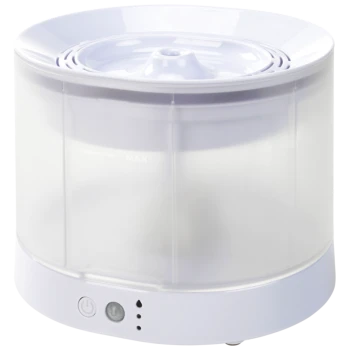White pet water fountain with a transparent reservoir, featuring a power button and water level indicators labeled "MAX" and "MIN."
