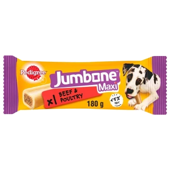 Pedigree Jumbone Maxi dog treat packaging featuring a black and white dog holding a bone, labeled "Beef & Poultry," 180 g, <5% fat.