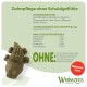 Grüner Alligator-Zahnsnack auf Whimzees-Verpackung mit Aufschrift 'Zahnpflege ohne Schuldgefühle' und rotem 'Kalorien-arm'-Abzeichen
