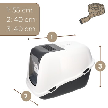 Weiß-schwarze überdachte Katzentoilette mit transparenter Frontklappe, Pfeile zeigen Maße und Text: "1: 40 cm 2: 40 cm 3: 55 cm"