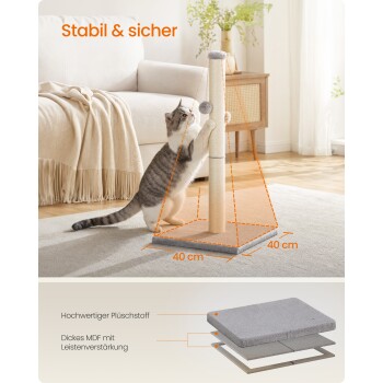 Kratzbaum: grau-weiße Katze kratzt an hohem Sisalpfosten auf 40×40 cm Basis, Text 'Stabil & sicher' und Materialhinweise auf Deutsch.