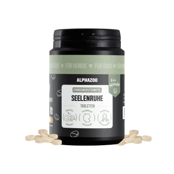 ALPHAZOO Care Seelenruhe-Tabletten für Hunde, mit einem schwarz-braunen Design und Hundillustrationen sowie Text über Entspannung und Kompostierbarkeit.