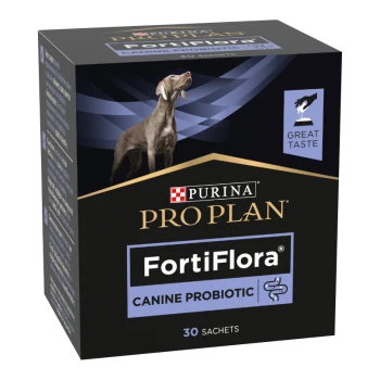 Schachtel Purina Pro Plan FortiFlora Hundprobiotikum, 30 Beutel, mit Hundeabbildung und einem "Great Taste"-Badge.
