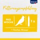 Fütterungsempfehlung für Vögel: 1 Stock pro Woche plus frisches Wasser, mit einem hellgelben Hintergrund und einer weißen Vogelsilhouette.