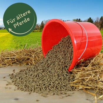 Roter umgekippter Eimer, aus dem braune Pferdefutterpellets auf Stroh in einem Feld rieseln; grünes Abzeichen mit der Aufschrift „Für ältere Pferde“.