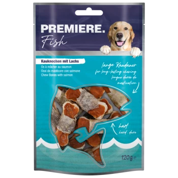 Chew bones with salmon in a fish-shaped package, labeled "Premiere Fish," featuring multilingual text and "120g" weight.