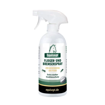Fliegen- und Bremsenspray Equisept Fliegen- und Bremsenspray-Flasche mit einer weißen Düse, beschriftet mit "Fliegen- und Bremsenspray" und "Extra starker Insektenschutz."