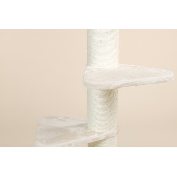 Ein beiger Katzenbaum mit zwei plüschigen Plattformen und einem mit Sisal umwickelten Pfosten, ideal zum Klettern und Kratzen.