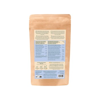 Achterkant van Hello Jack insectengebaseerde huisdiervoedselverpakking met voedingsinformatie en voedingsrichtlijnen in meerdere talen.