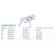 Größentabelle für Hundegeschirre, die Maße für Hals (Hals) und Brust (Brust) in Zentimetern zeigt, mit Gewichtskategorien.