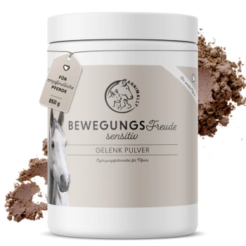 Behälter von "BewegungsFreude sensitiv Gelenk Pulver" für empfindliche Pferde, 850g, mit einer Pferdegrafik und ernährungsbezogenen Angaben.