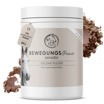Behälter von "BewegungsFreude sensitiv Gelenk Pulver" für empfindliche Pferde, 850g, mit einer Pferdegrafik und ernährungsbezogenen Angaben.