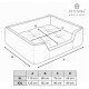 Linienzeichnung eines Haustierbetts mit Messpfeilen A, B, C, D; Tabelle mit XL-/XXL-Größen in cm; PETLIVING-Logo.
