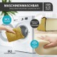 Hand legt gelben Haustierbett-Bezug in die Waschmaschine; sichtbare Texte 'MASCHINENWASCHBAR' und '30 °C waschbar'.