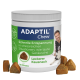 ADAPTIL Chew Dose für Hunde, grünes Etikett mit „Schnelle Entspannung“ und „Leckerer Kausnack“, Hundeabbildung und Kausnack-Stücke.