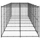 Ein großes, rechteckiges Metall-Hundekennel mit einem schwarzen Rahmen und Drahtgitterpaneelen, entworfen für den Außeneinsatz.