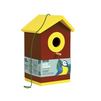 Holzvogelhaus mit gelbem Dach und Eingang, beschriftet mit "erdtmann's classic pine nesting box" und Vogelillustration.