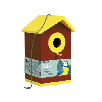 Holzvogelhaus mit gelbem Dach und Eingang, beschriftet mit "erdtmann's classic pine nesting box" und Vogelillustration.