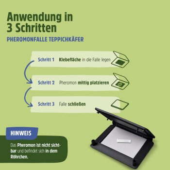 Anwendung in 3 Schritten für eine Pheromonfalle gegen Teppichkäfer, mit Illustrationen und Hinweisen zur Verwendung.
