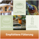 Vogel-Collage mit Futterstellen und Wasser; deutsche Überschrift 'Empfohlene Fütterung' und Hinweise zum Anbieten von Futter und Wasser.