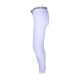 Weiße Reitleggings mit einem dekorativen Gürtel, seitlich gezeigt, mit einem eleganten Design und einer taillierten Silhouette.